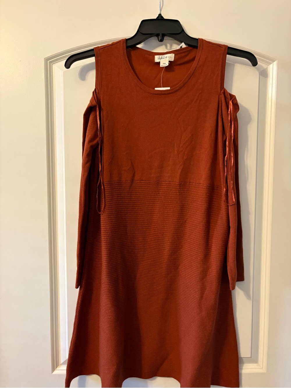 Style & Co. Rust Cold-Shoulder Long Sleeve Knit Dress with Tie Details